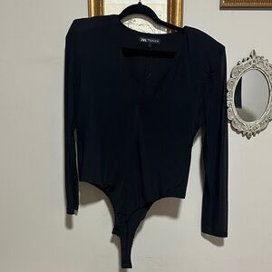 Zara Black V-Neck Bodysuit with sheer sleeves